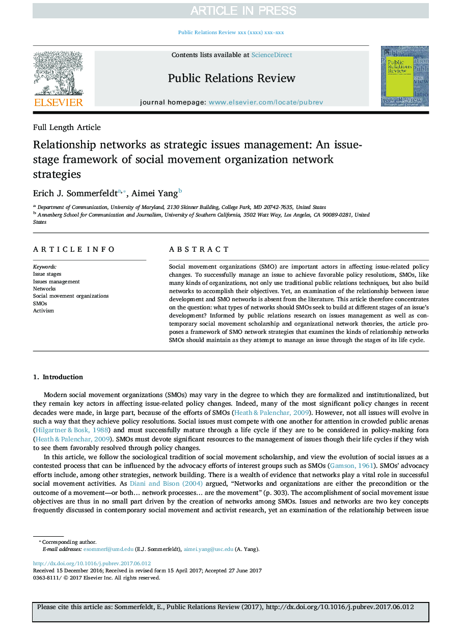 Relationship networks as strategic issues management: An issue-stage framework of social movement organization network strategies