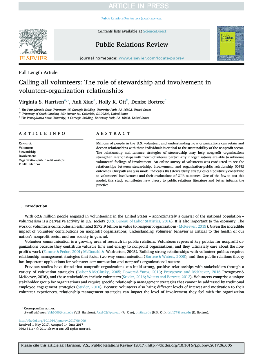 Calling all volunteers: The role of stewardship and involvement in volunteer-organization relationships