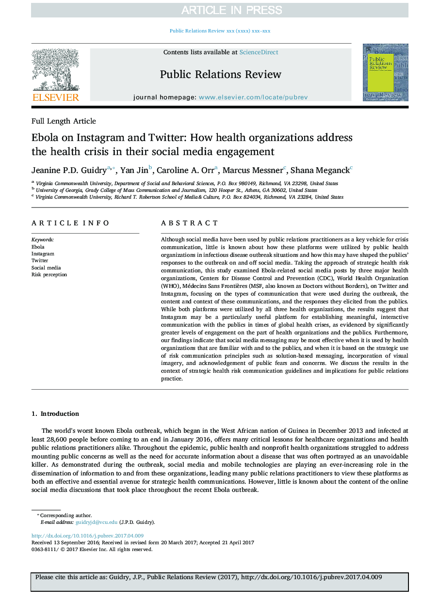 Ebola on Instagram and Twitter: How health organizations address the health crisis in their social media engagement