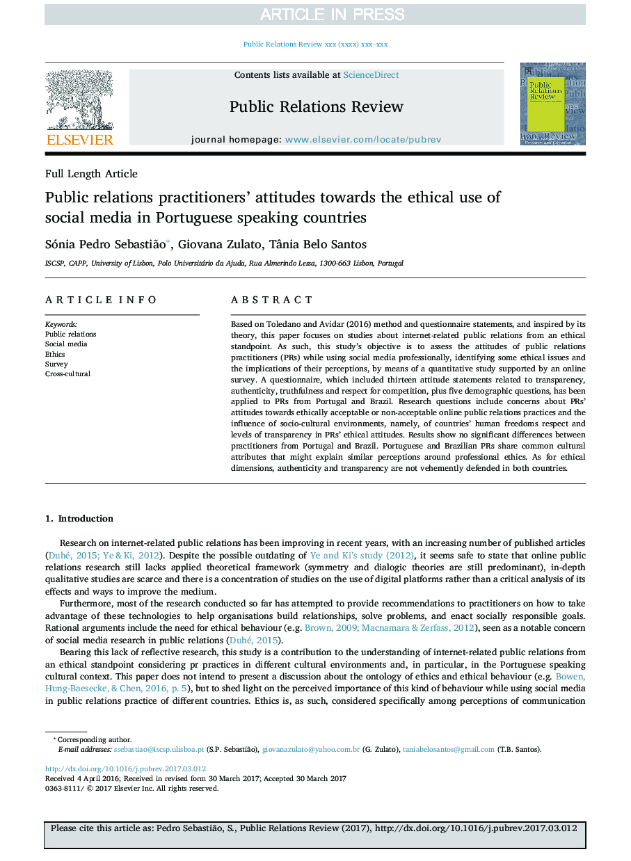 Public relations practitioners' attitudes towards the ethical use of social media in Portuguese speaking countries