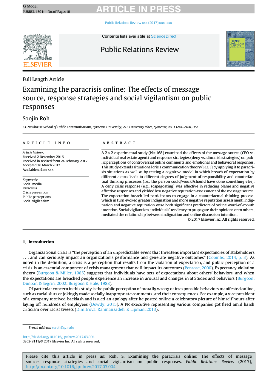 Examining the paracrisis online: The effects of message source, response strategies and social vigilantism on public responses