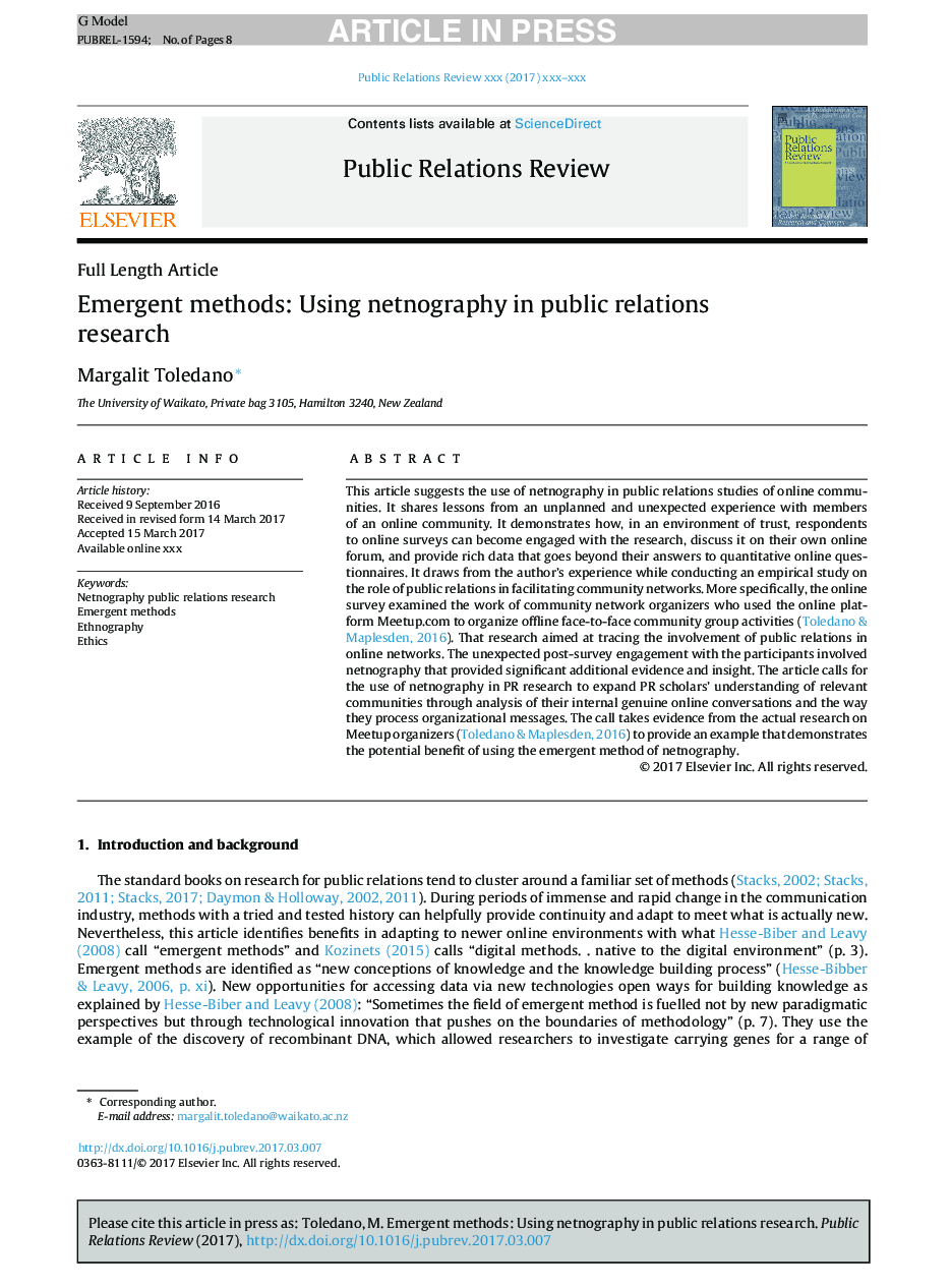 Emergent methods: Using netnography in public relations research