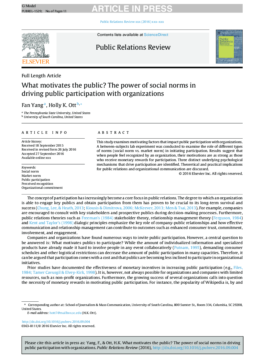 What motivates the public? The power of social norms in driving public participation with organizations