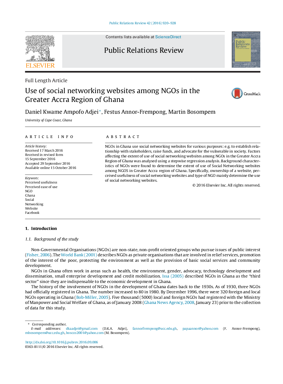 Full Length ArticleUse of social networking websites among NGOs in the Greater Accra Region of Ghana