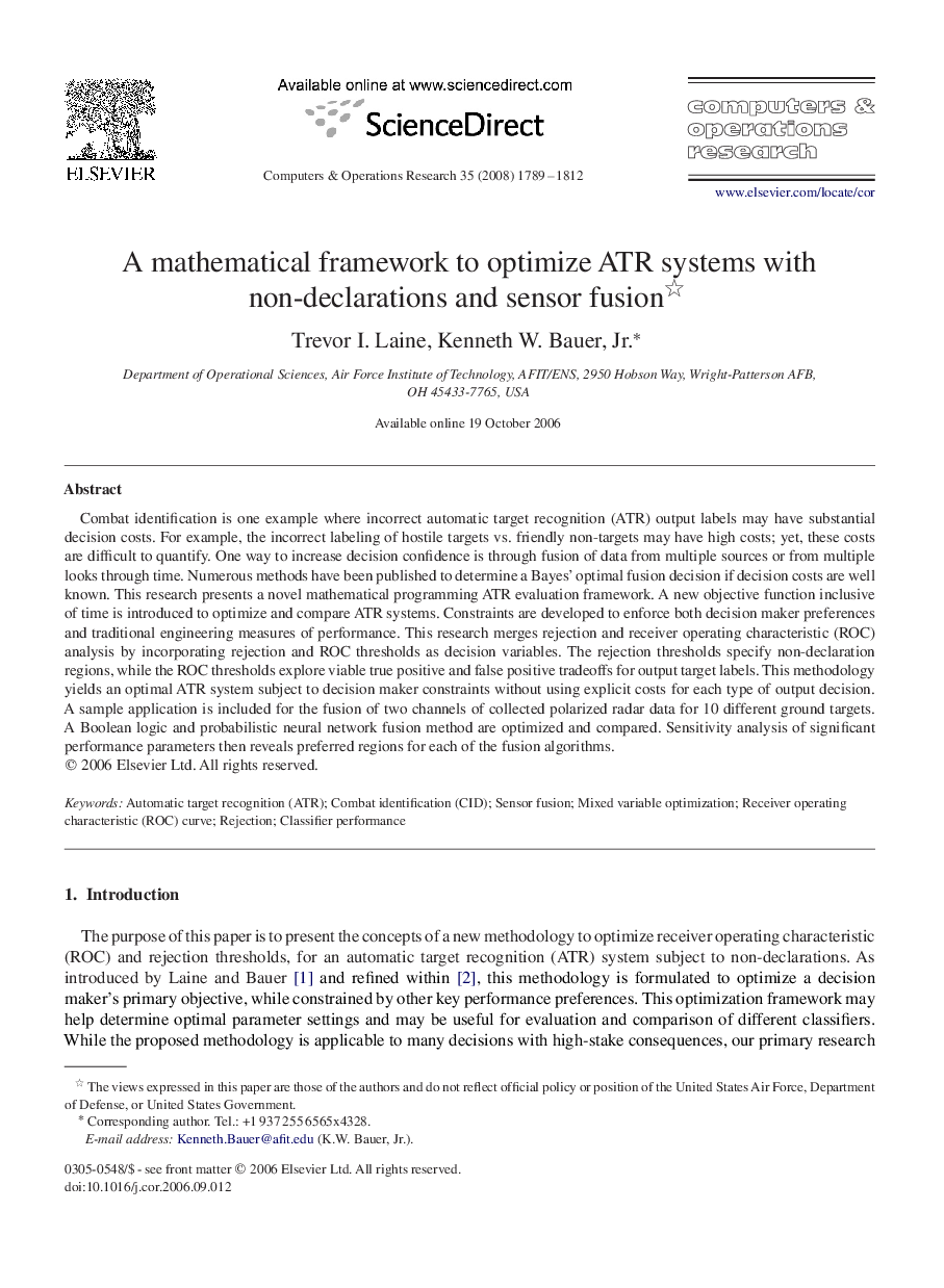 A mathematical framework to optimize ATR systems with non-declarations and sensor fusion 