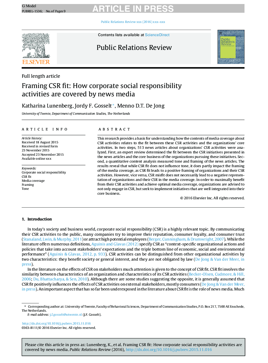 Framing CSR fit: How corporate social responsibility activities are covered by news media