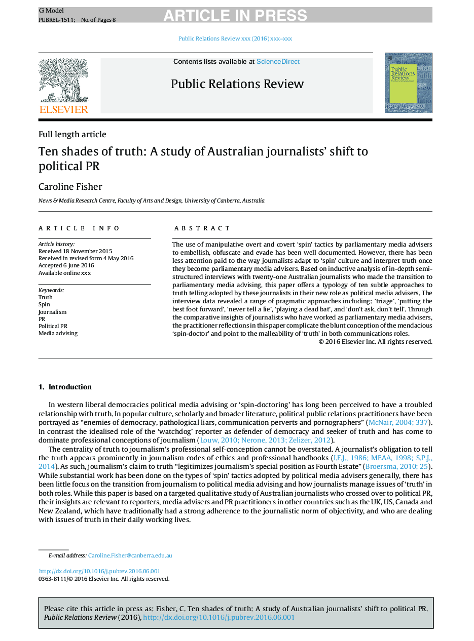 Ten shades of truth: A study of Australian journalists' shift to political PR
