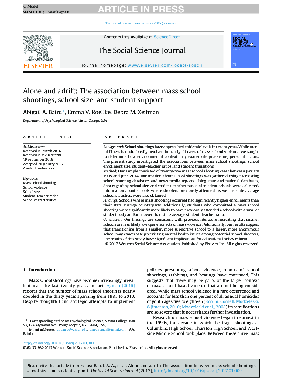 Alone and adrift: The association between mass school shootings, school size, and student support