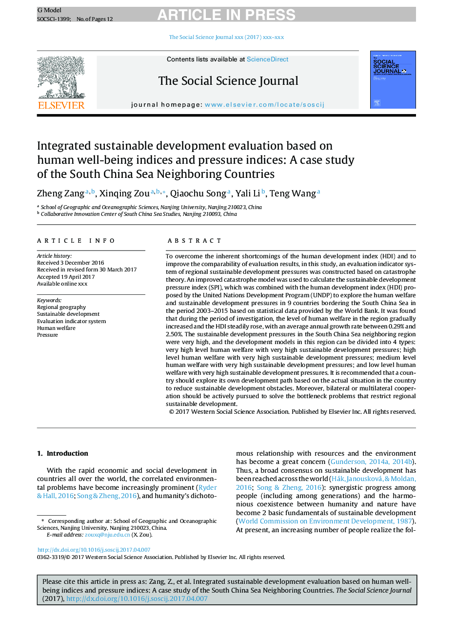 Integrated sustainable development evaluation based on human well-being indices and pressure indices: A case study of the South China Sea Neighboring Countries