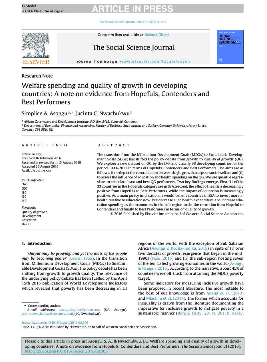 Welfare spending and quality of growth in developing countries: A note on evidence from Hopefuls, Contenders and Best Performers