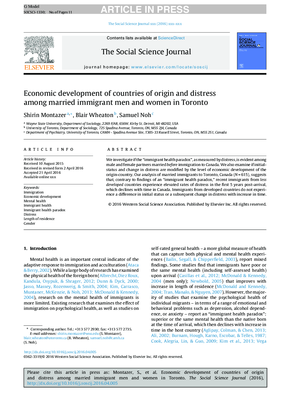 توسعه اقتصادی کشورهای منشاء و ناراحتی میان مردان و زنان مهاجر ازدواج در تورنتو 