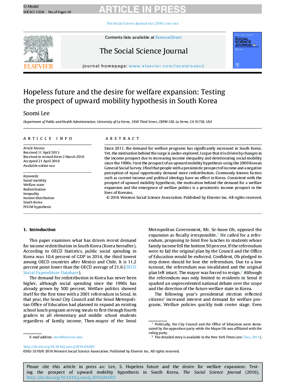 Hopeless future and the desire for welfare expansion: Testing the prospect of upward mobility hypothesis in South Korea