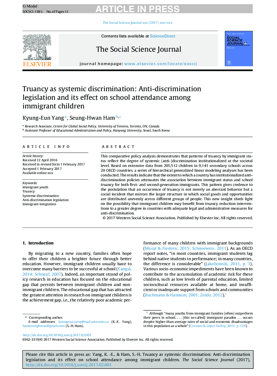 Truancy as systemic discrimination: Anti-discrimination legislation and its effect on school attendance among immigrant children