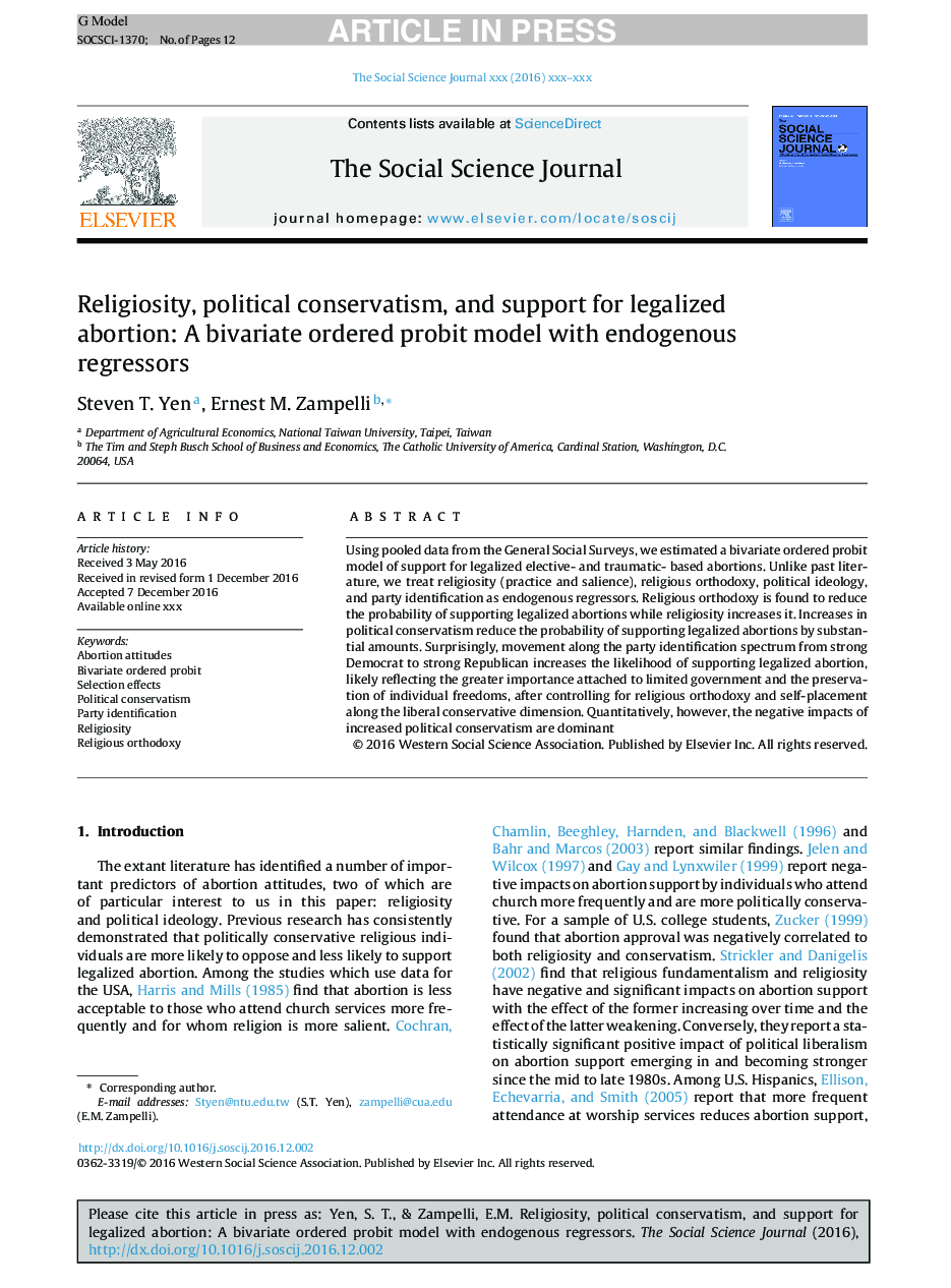 Religiosity, political conservatism, and support for legalized abortion: A bivariate ordered probit model with endogenous regressors