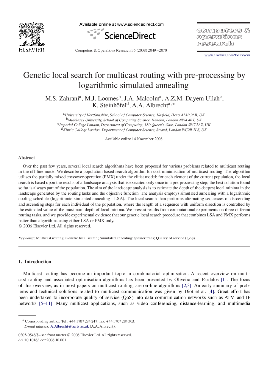 Genetic local search for multicast routing with pre-processing by logarithmic simulated annealing