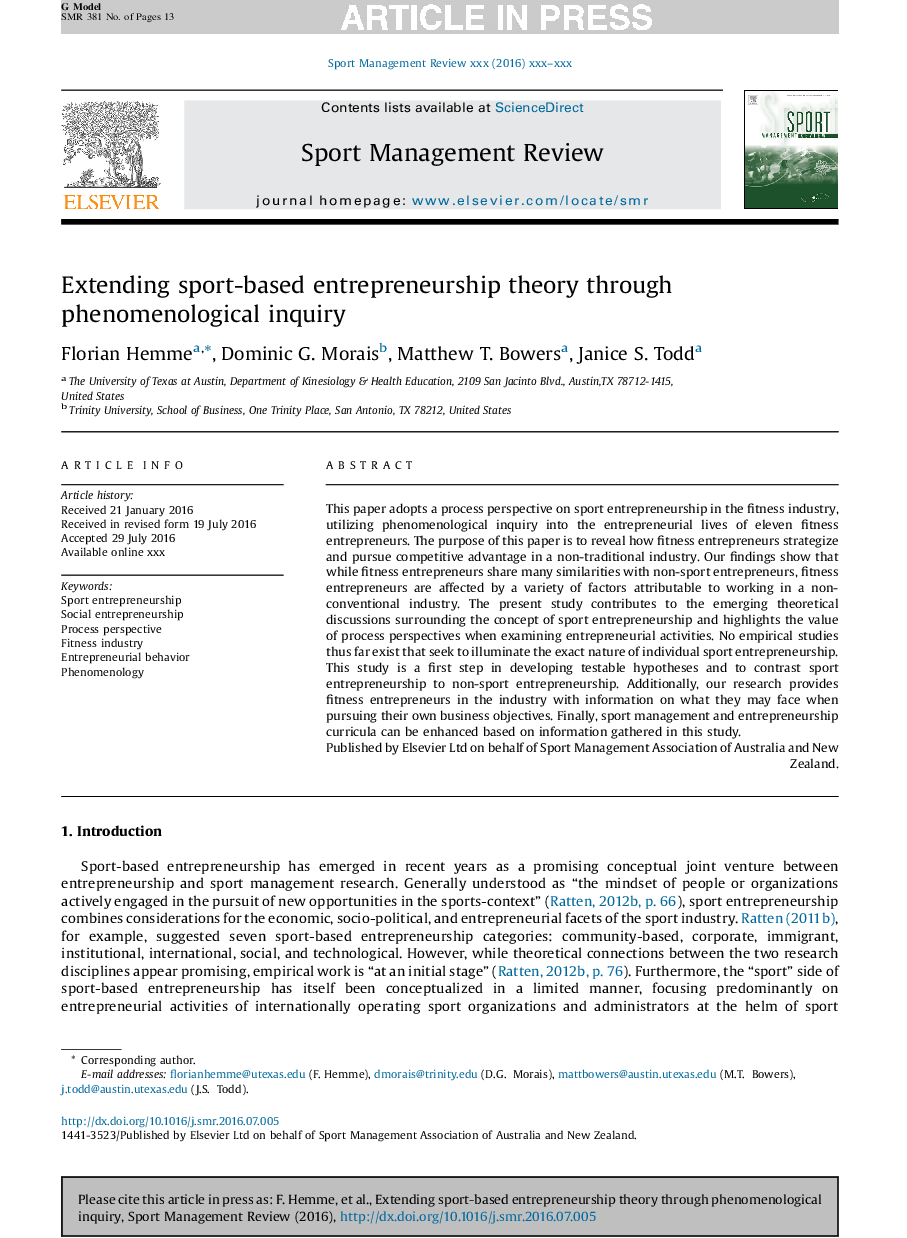 Extending sport-based entrepreneurship theory through phenomenological inquiry