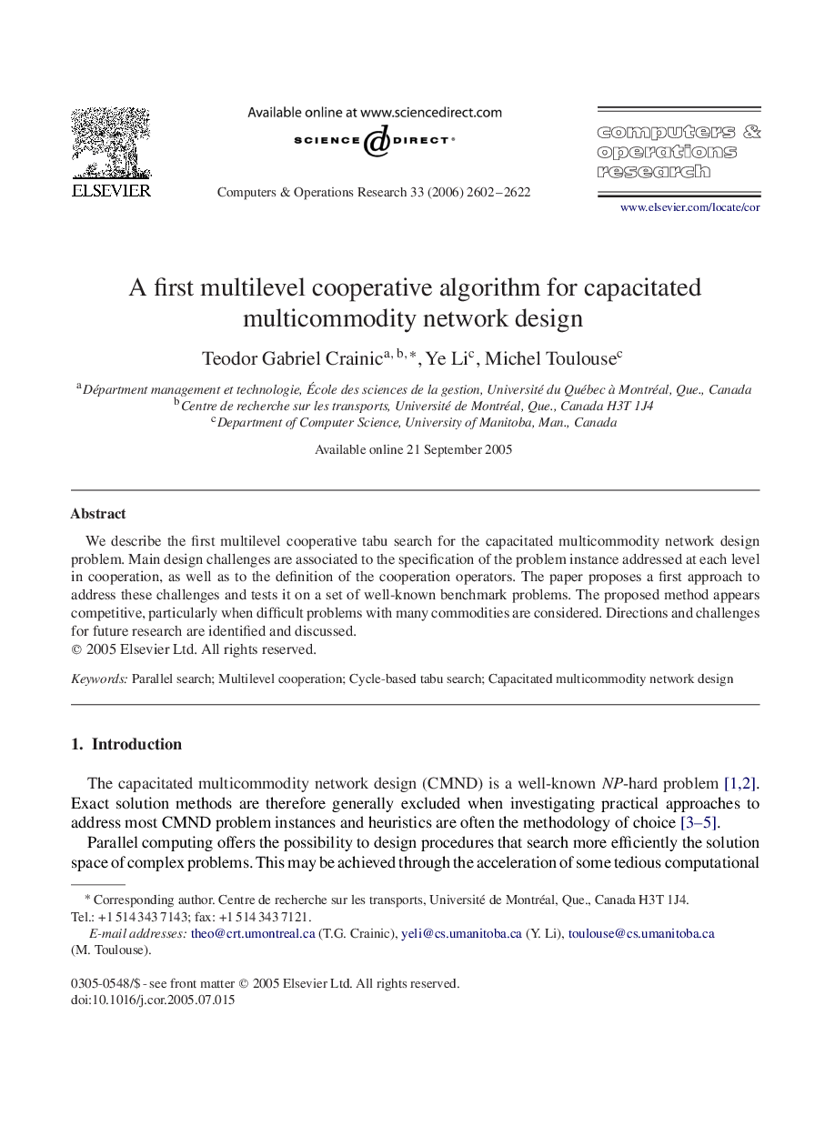 A first multilevel cooperative algorithm for capacitated multicommodity network design