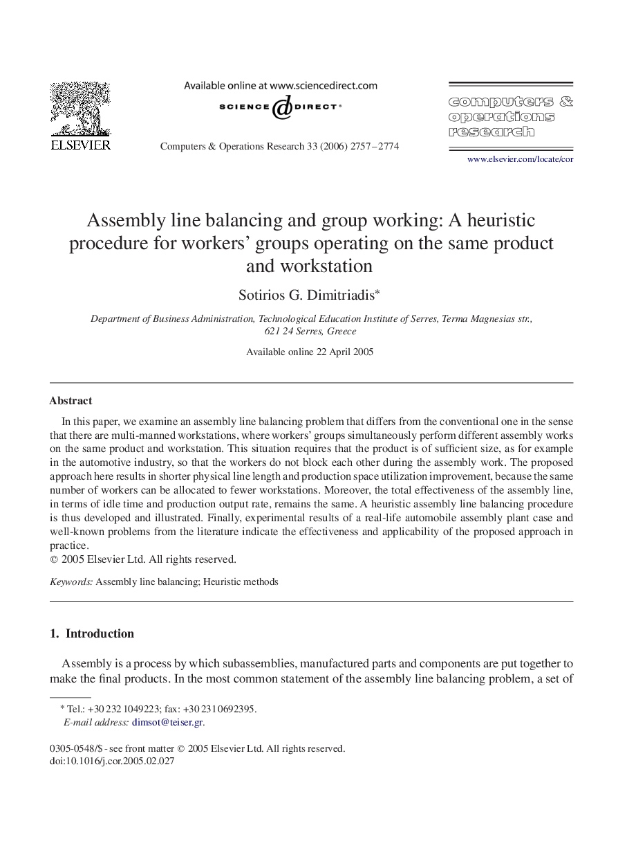 Assembly line balancing and group working: A heuristic procedure for workers’ groups operating on the same product and workstation