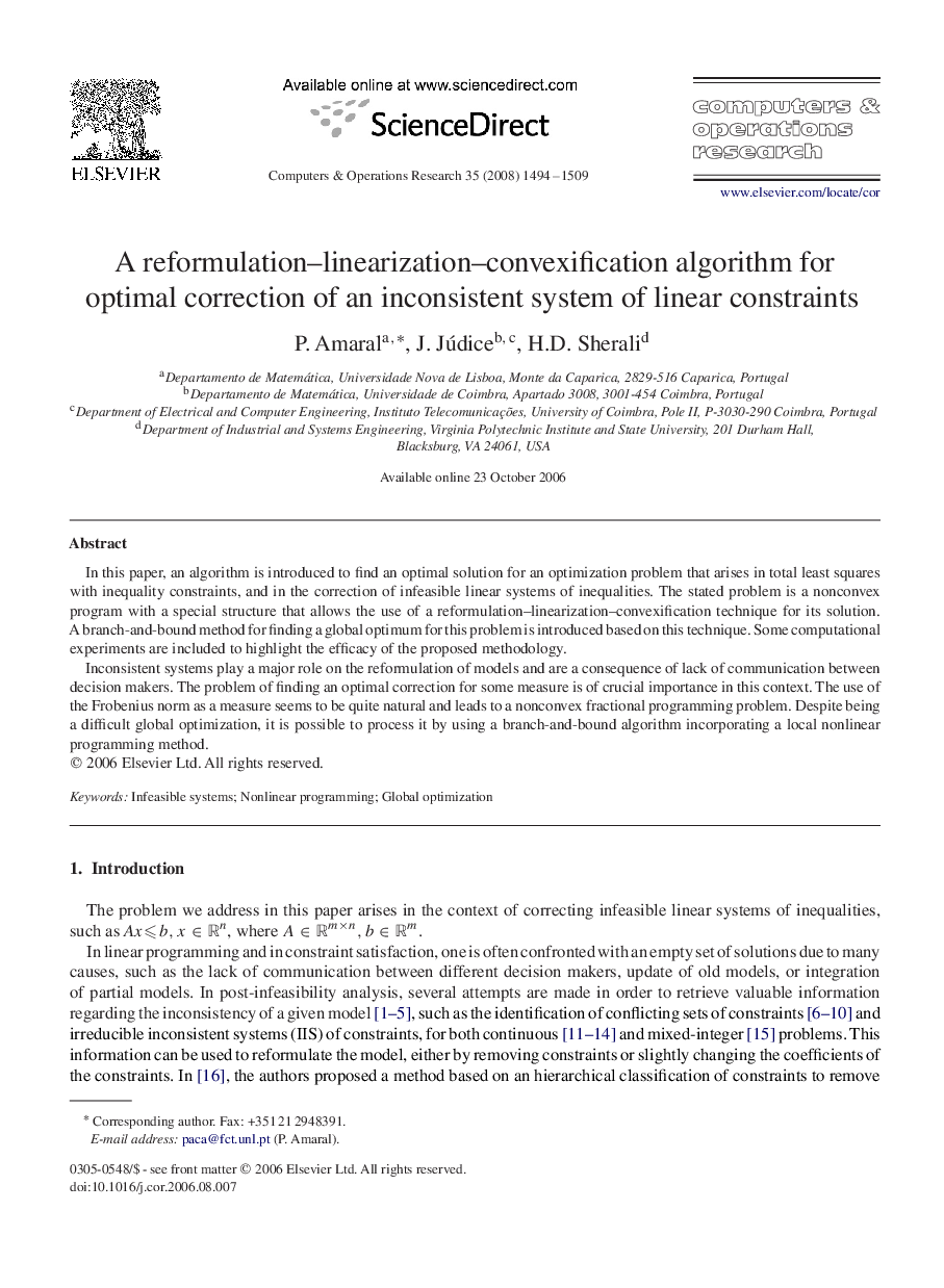 A reformulation–linearization–convexification algorithm for optimal correction of an inconsistent system of linear constraints