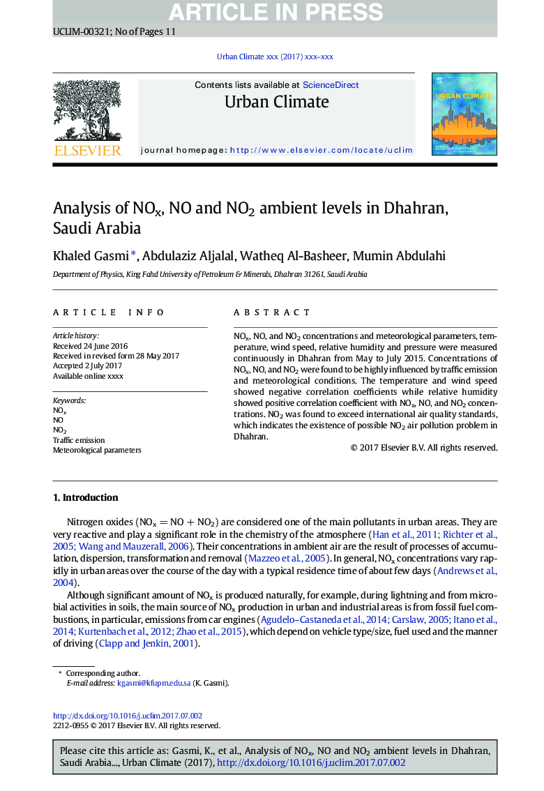 Analysis of NOx, NO and NO2 ambient levels in Dhahran, Saudi Arabia