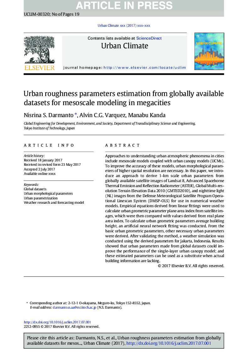 Urban roughness parameters estimation from globally available datasets for mesoscale modeling in megacities