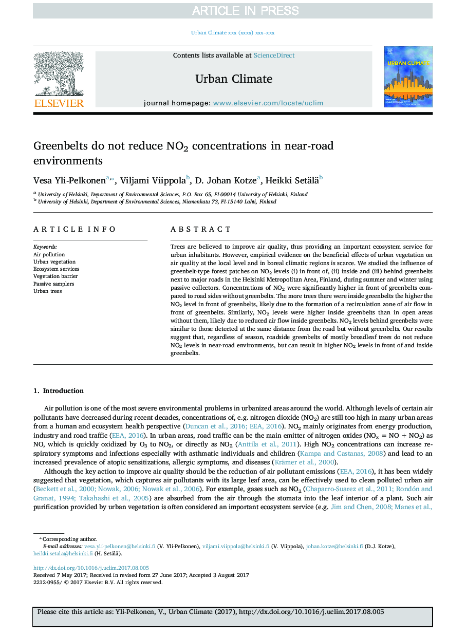 Greenbelts do not reduce NO2 concentrations in near-road environments