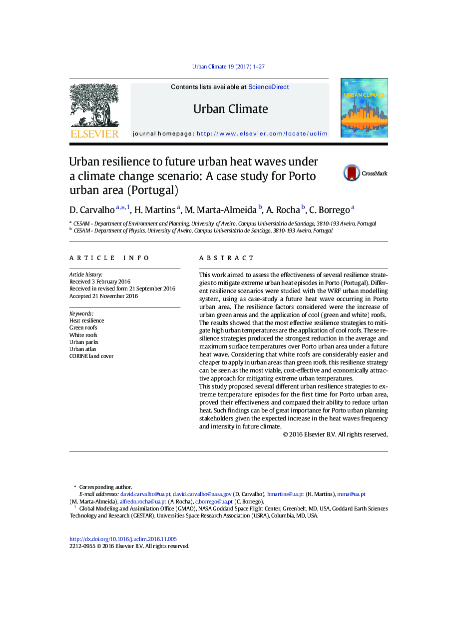 Urban resilience to future urban heat waves under a climate change scenario: A case study for Porto urban area (Portugal)
