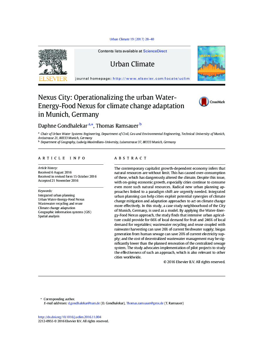 Nexus City: Operationalizing the urban Water-Energy-Food Nexus for climate change adaptation in Munich, Germany