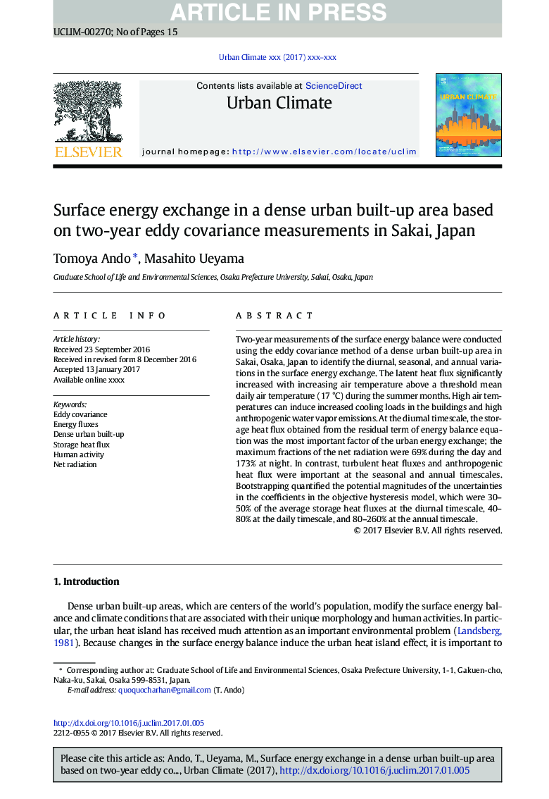 Surface energy exchange in a dense urban built-up area based on two-year eddy covariance measurements in Sakai, Japan