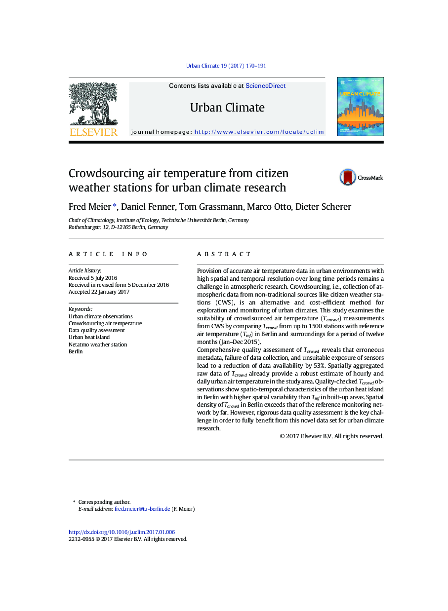 Crowdsourcing air temperature from citizen weather stations for urban climate research