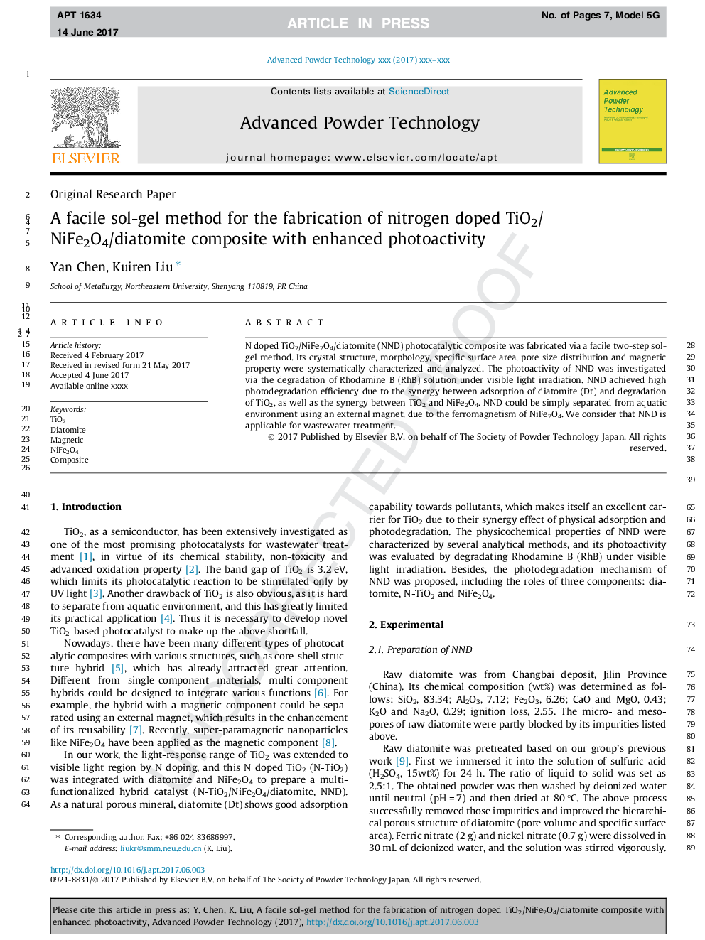 A facile sol-gel method for the fabrication of nitrogen doped TiO2/NiFe2O4/diatomite composite with enhanced photoactivity