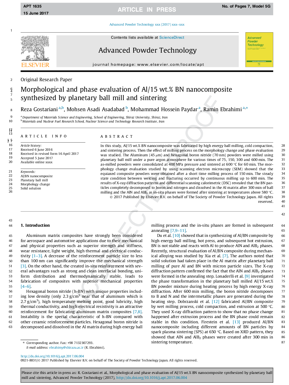 Morphological and phase evaluation of Al/15Â wt.% BN nanocomposite synthesized by planetary ball mill and sintering