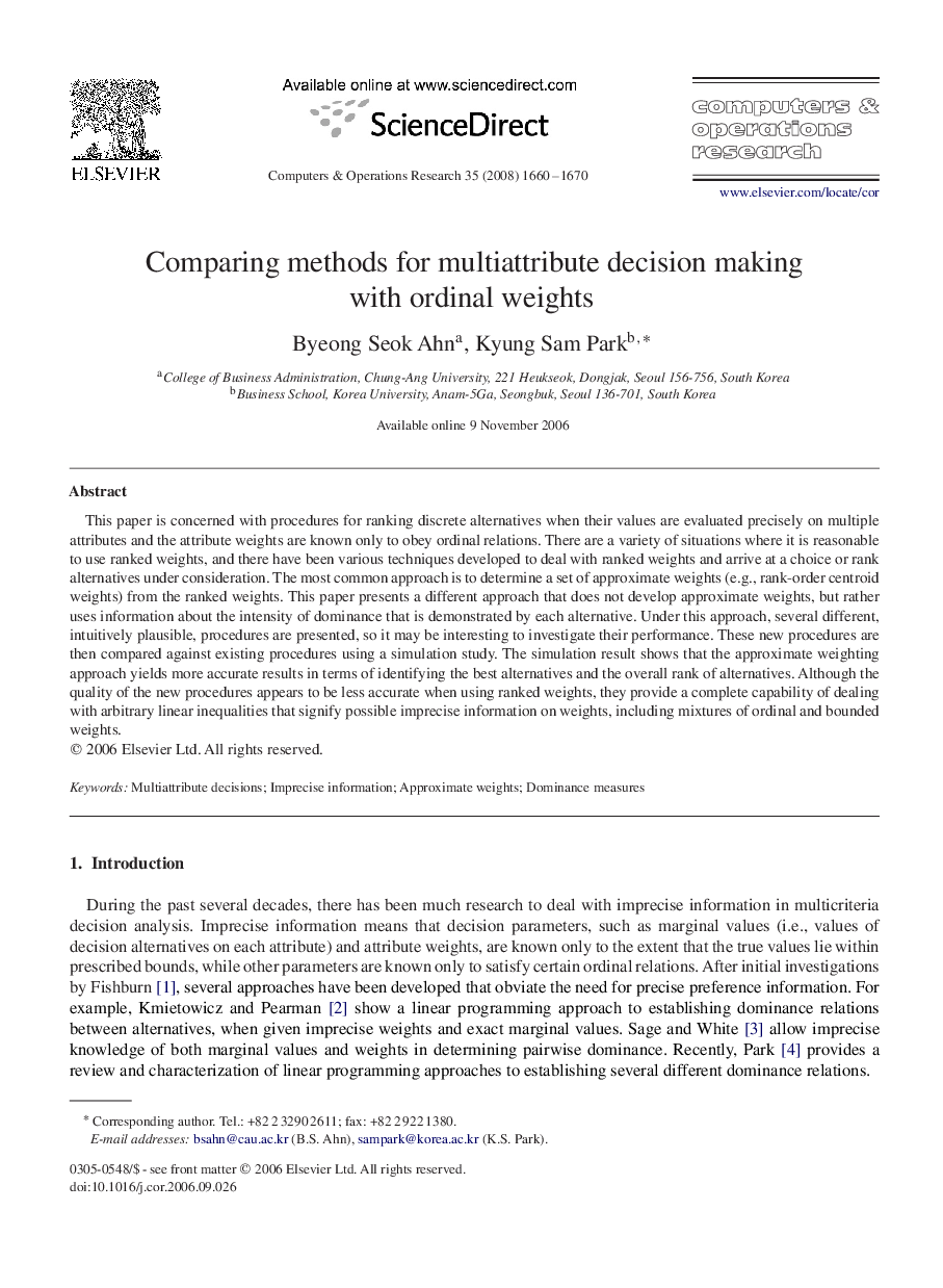 Comparing methods for multiattribute decision making with ordinal weights