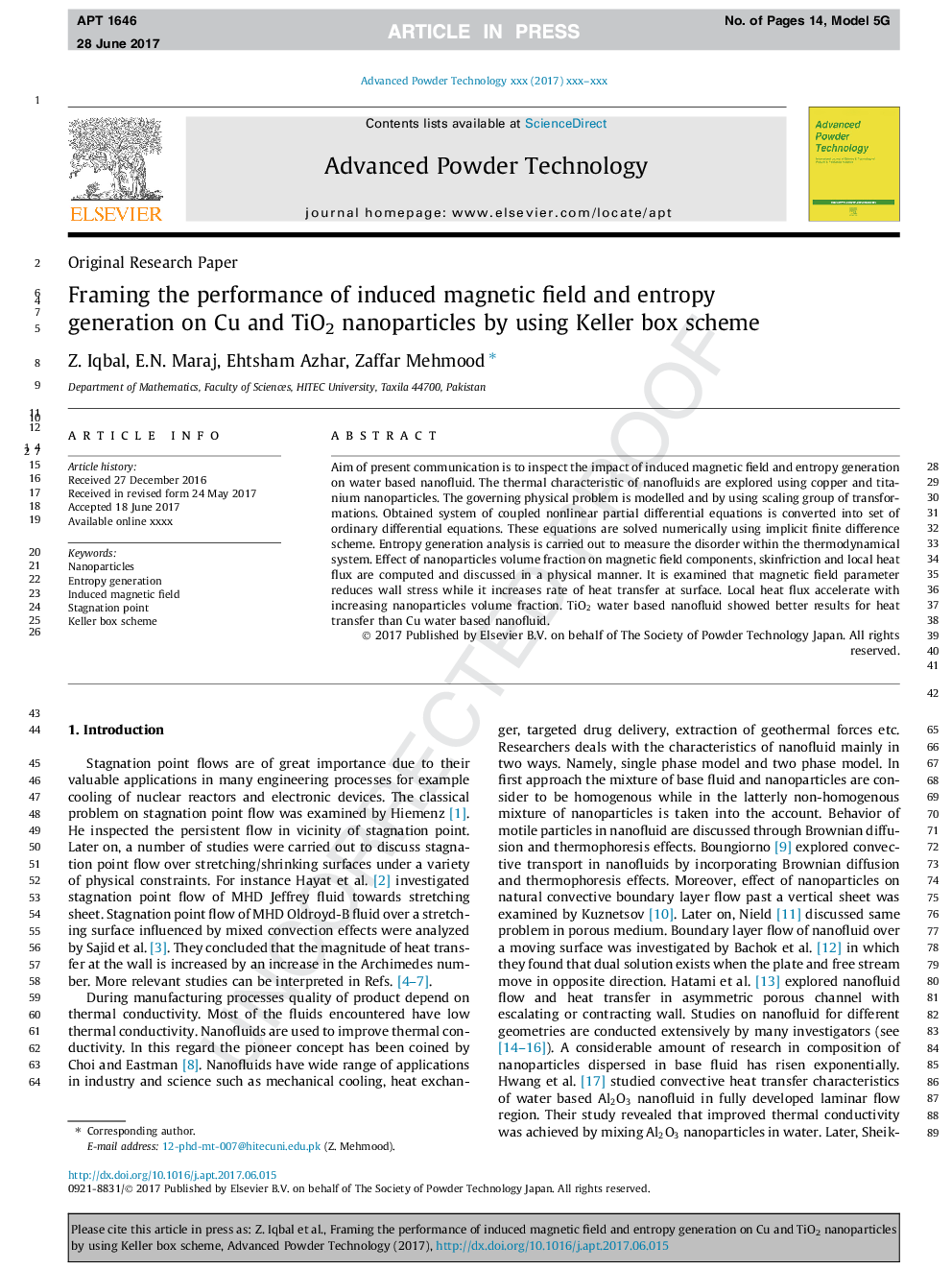 Framing the performance of induced magnetic field and entropy generation on Cu and TiO2 nanoparticles by using Keller box scheme