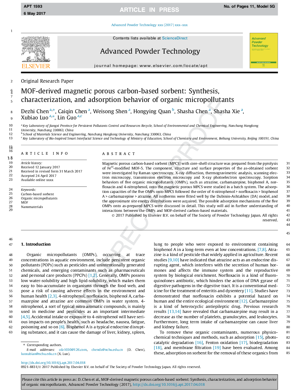 MOF-derived magnetic porous carbon-based sorbent: Synthesis, characterization, and adsorption behavior of organic micropollutants