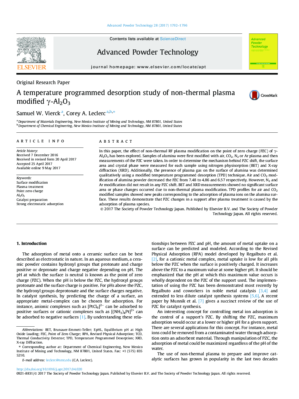 A temperature programmed desorption study of non-thermal plasma modified Î³-Al2O3