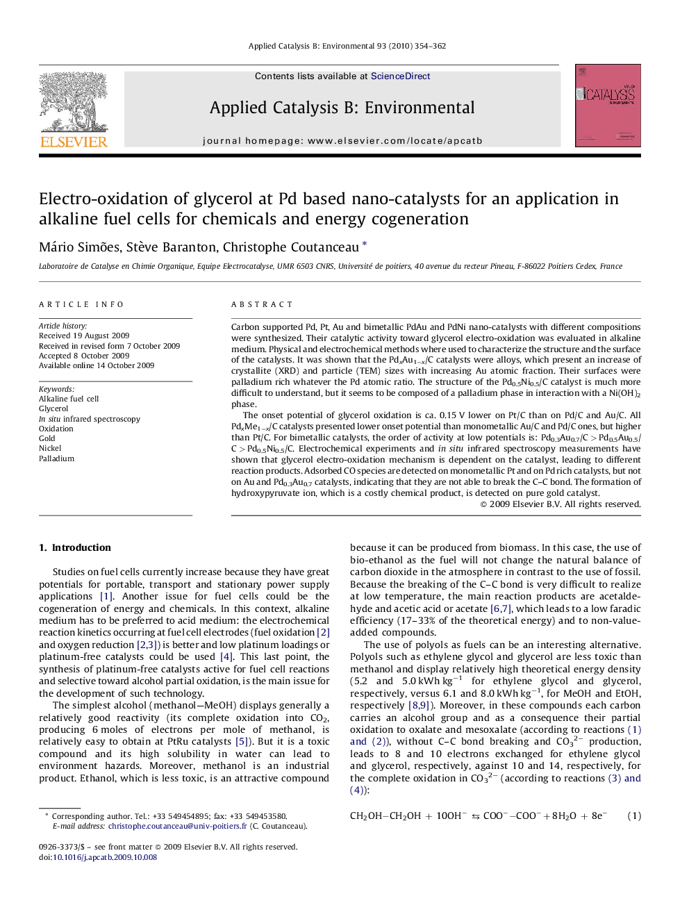 Electro-oxidation of glycerol at Pd based nano-catalysts for an application in alkaline fuel cells for chemicals and energy cogeneration