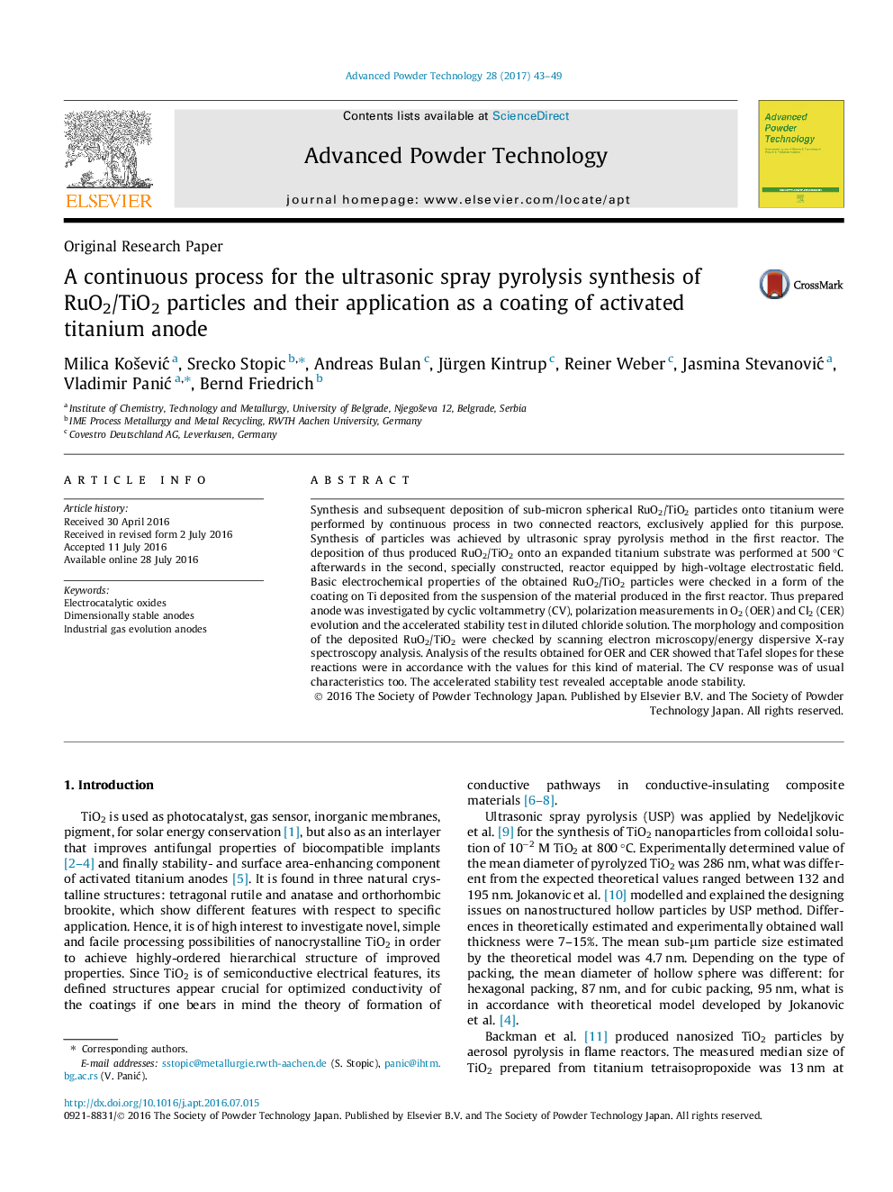 A continuous process for the ultrasonic spray pyrolysis synthesis of RuO2/TiO2 particles and their application as a coating of activated titanium anode