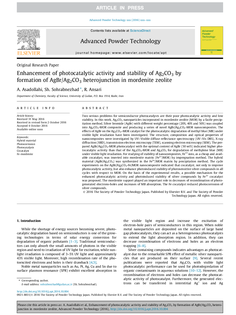 Enhancement of photocatalytic activity and stability of Ag2CO3 by formation of AgBr/Ag2CO3 heterojunction in mordenite zeolite