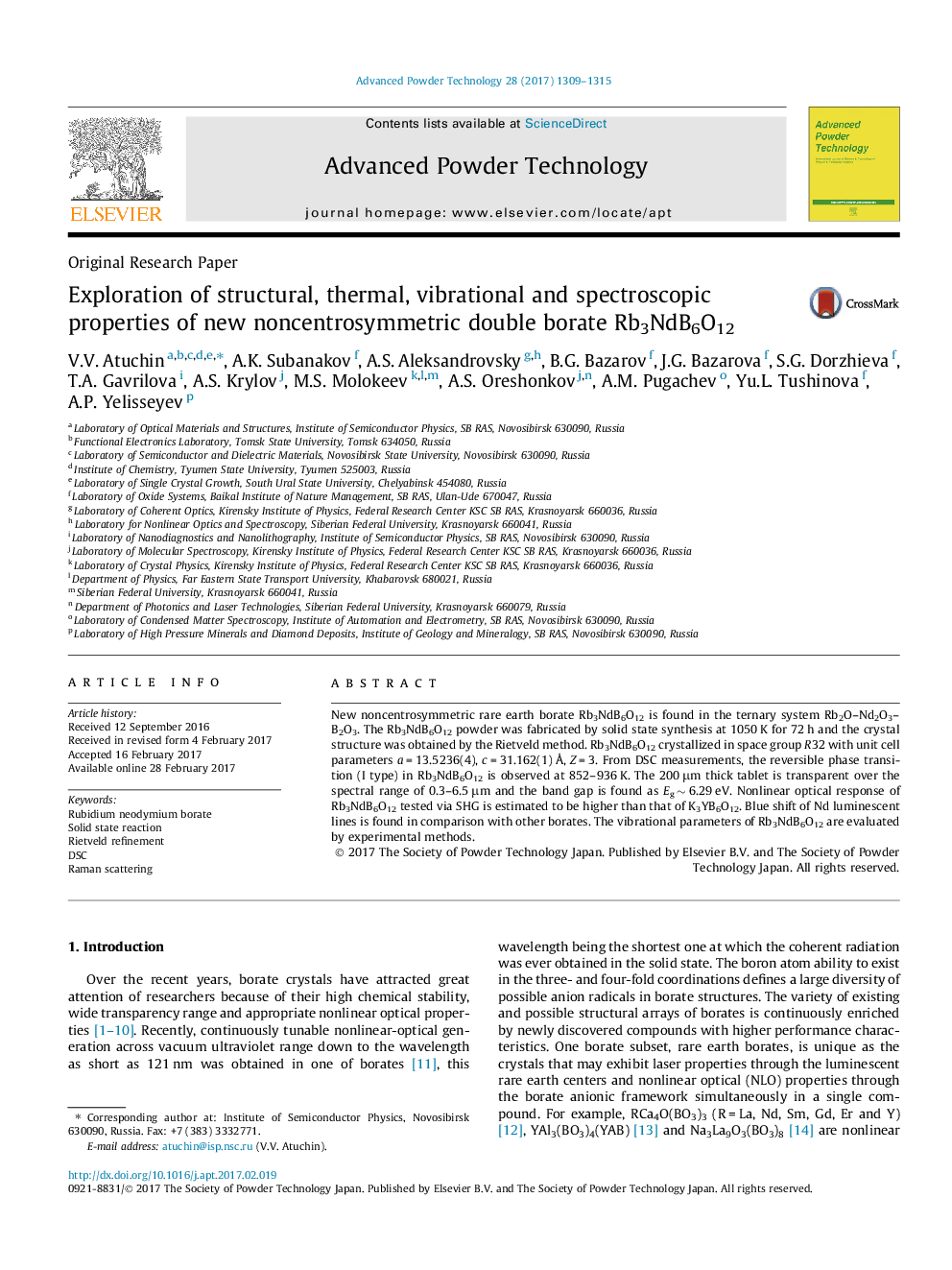 عکس صفحه اول مقاله: Exploration of structural, thermal, vibrational and spectroscopic properties of new noncentrosymmetric double borate Rb3NdB6O12 Exploration of structural, thermal, vibrational and spectroscopic properties of new noncentrosymmetric double borate Rb3NdB6O12