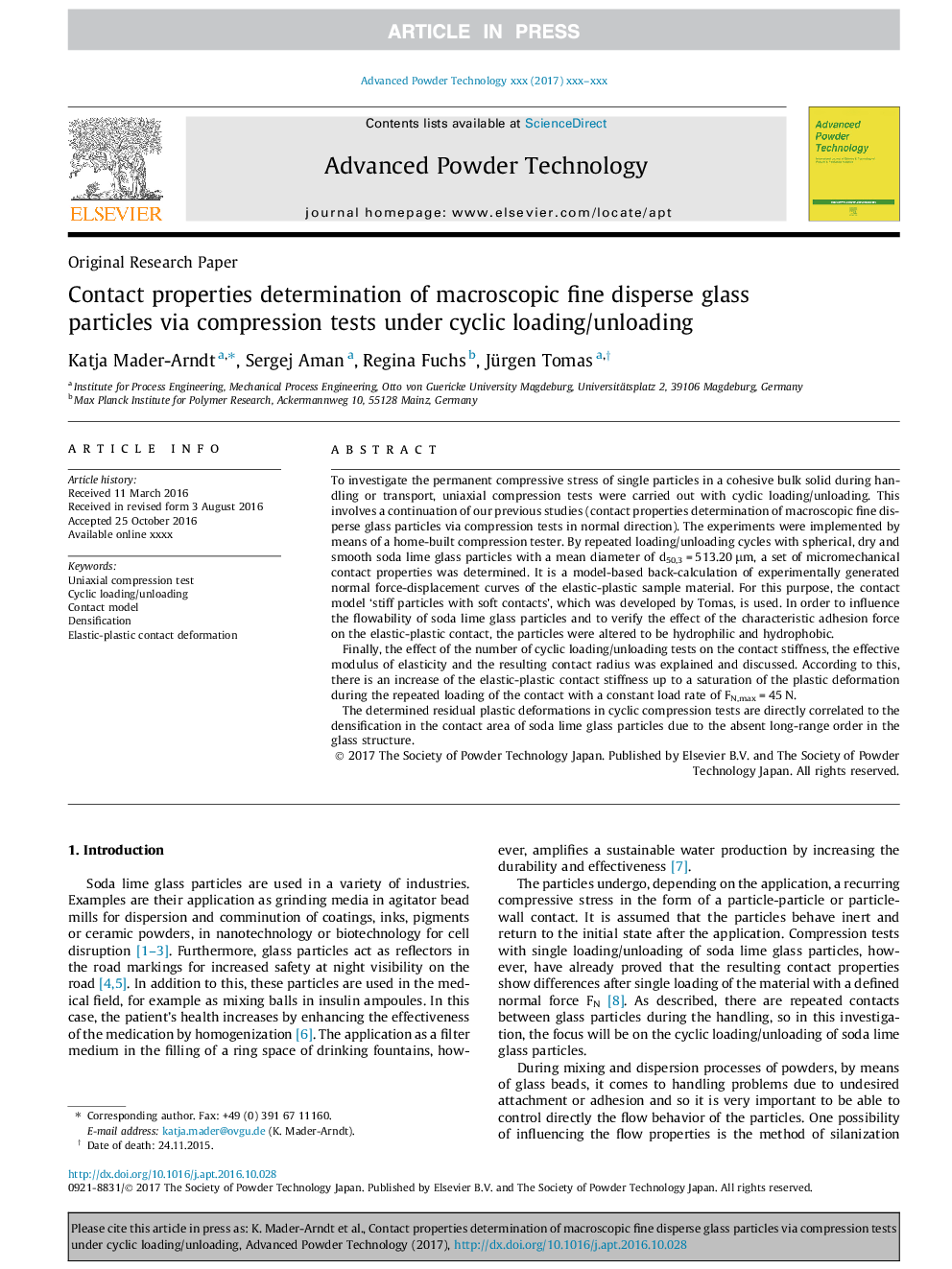 Contact properties determination of macroscopic fine disperse glass particles via compression tests under cyclic loading/unloading