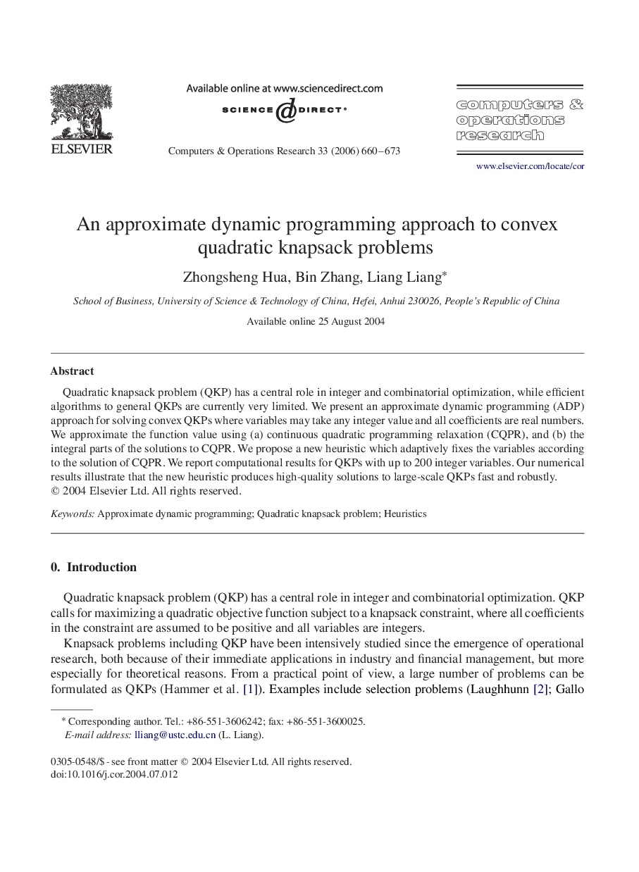 An approximate dynamic programming approach to convex quadratic knapsack problems