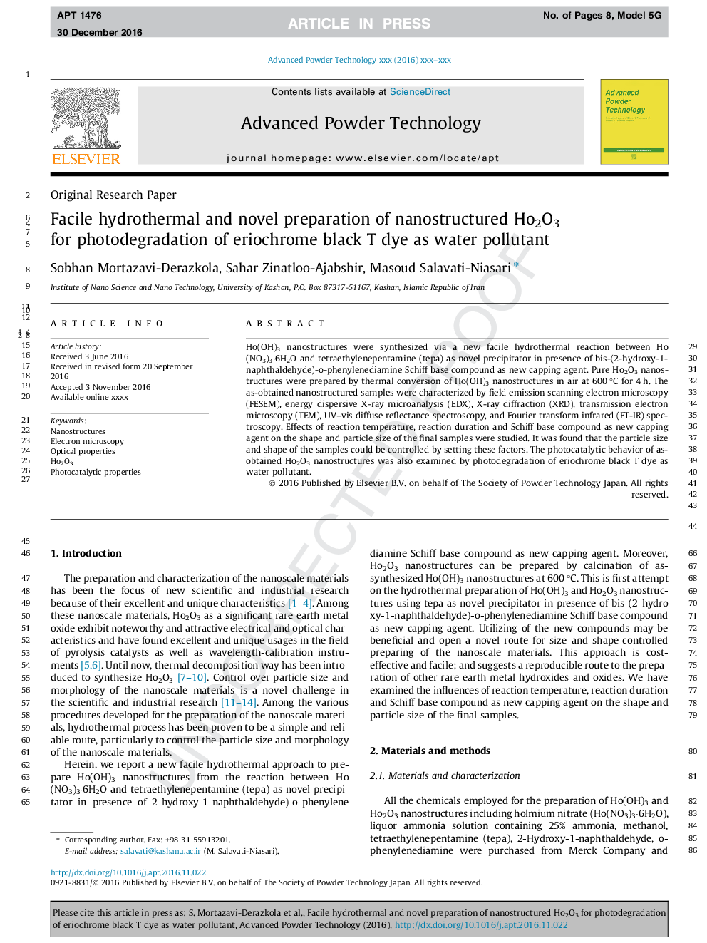 Facile hydrothermal and novel preparation of nanostructured Ho2O3 for photodegradation of eriochrome black T dye as water pollutant