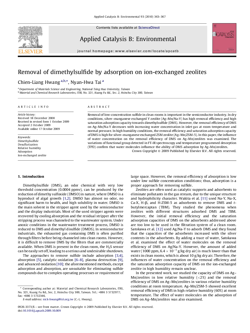 Removal of dimethylsulfide by adsorption on ion-exchanged zeolites