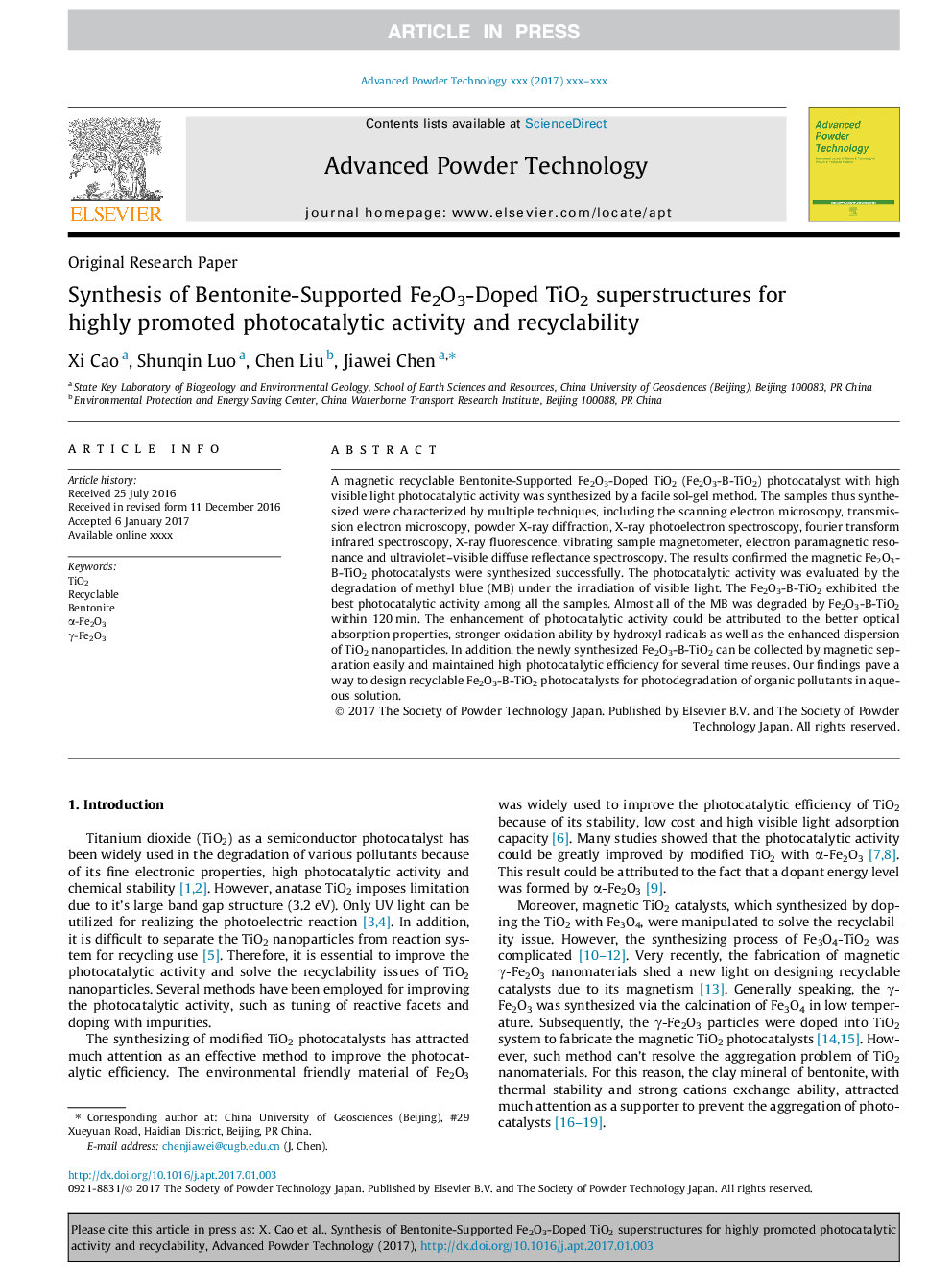 Synthesis of Bentonite-Supported Fe2O3-Doped TiO2 superstructures for highly promoted photocatalytic activity and recyclability