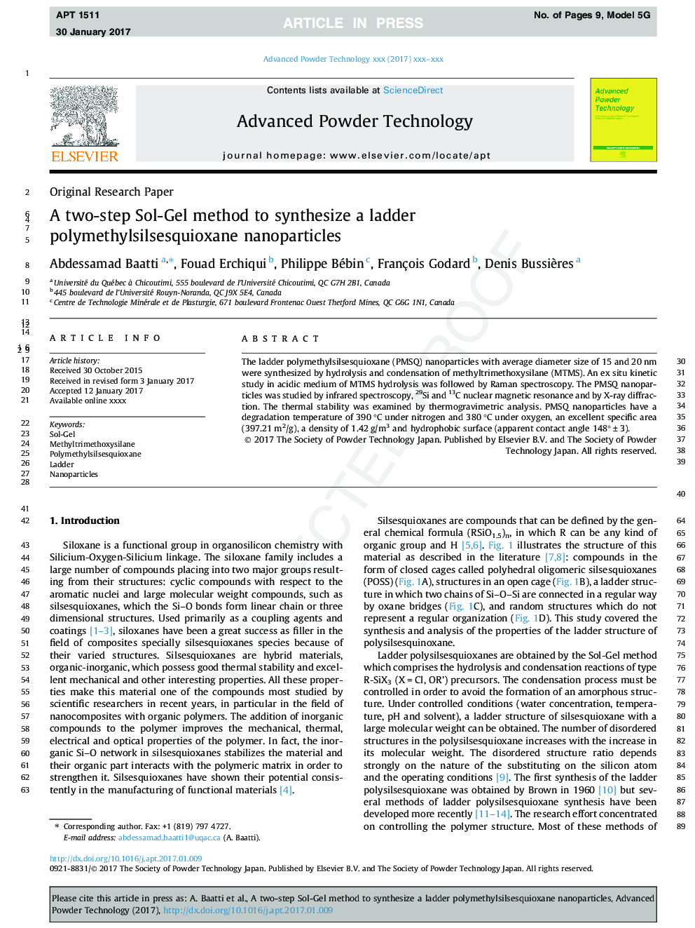 A two-step Sol-Gel method to synthesize a ladder polymethylsilsesquioxane nanoparticles