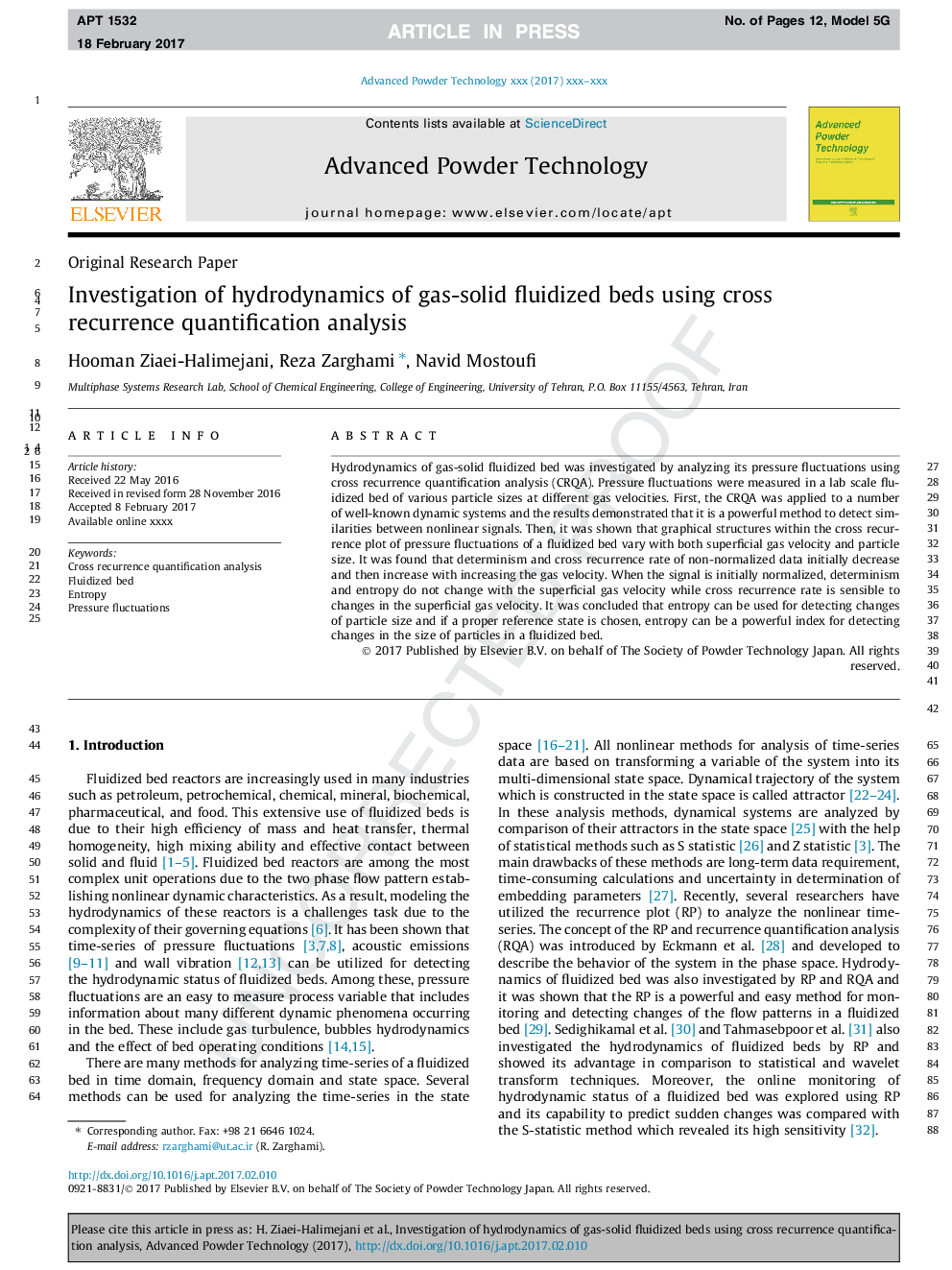 Investigation of hydrodynamics of gas-solid fluidized beds using cross recurrence quantification analysis