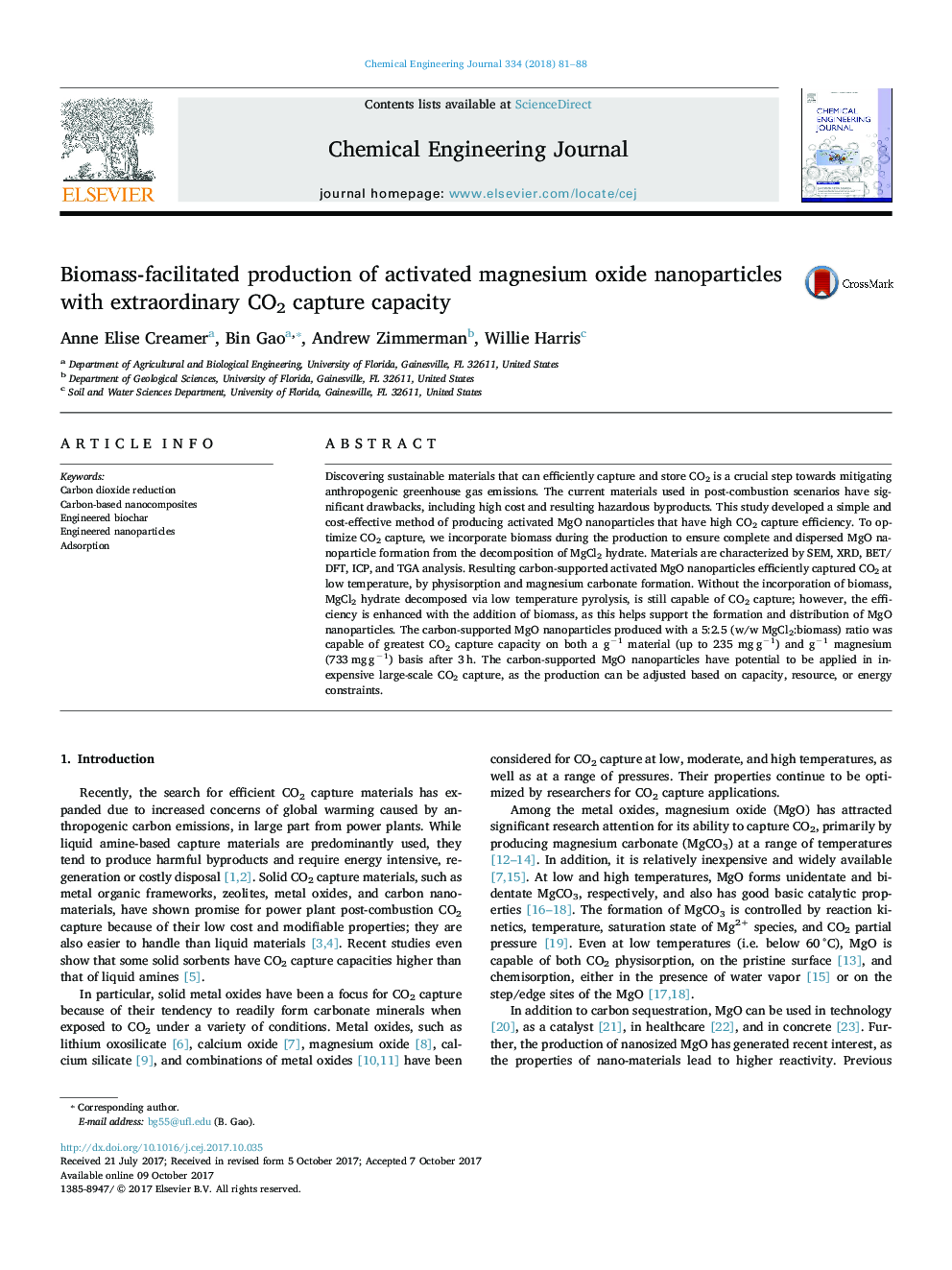 Biomass-facilitated production of activated magnesium oxide nanoparticles with extraordinary CO2 capture capacity