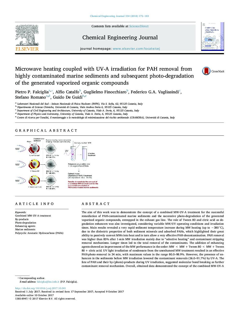 Microwave heating coupled with UV-A irradiation for PAH removal from highly contaminated marine sediments and subsequent photo-degradation of the generated vaporized organic compounds