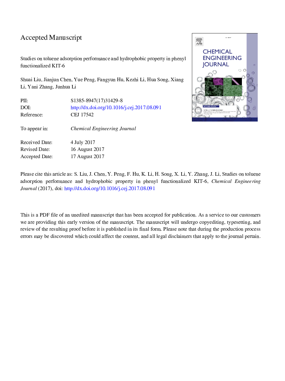 Studies on toluene adsorption performance and hydrophobic property in phenyl functionalized KIT-6